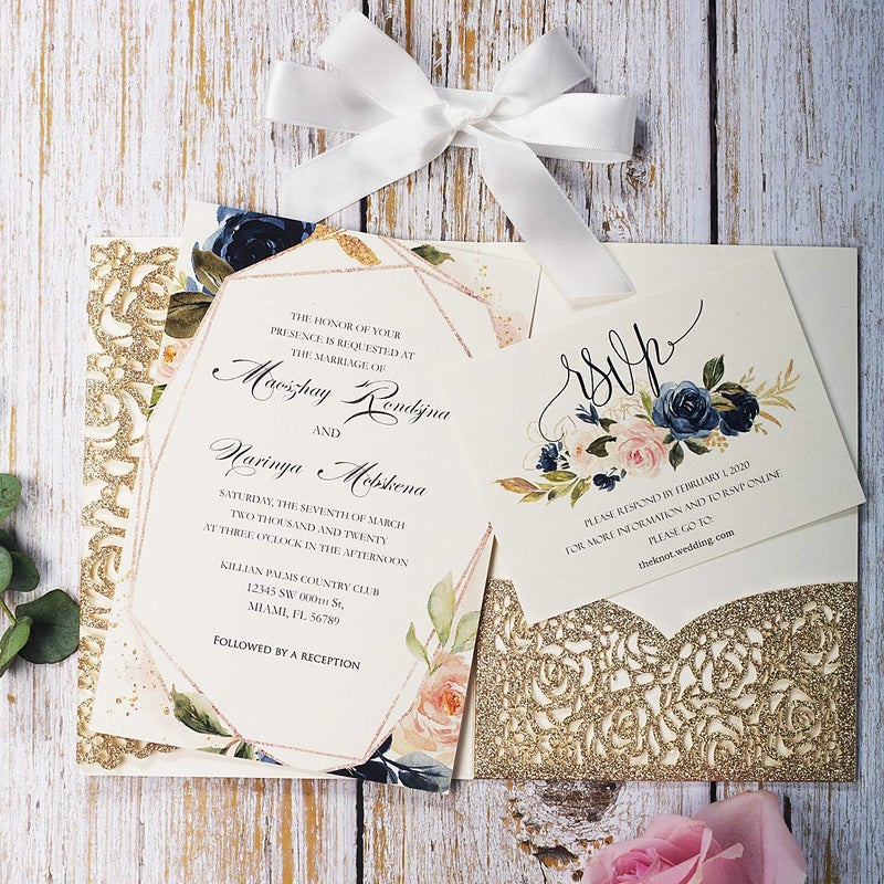KUCHYNEE 5.1 x7.1 inch 20PCS Blank Gold Glitter Laser Cut wedding invitations with Envelopes and RSVP Hollow Rose Pocket With Ribbon Invitation Cards for Wedding Invite - Image 2